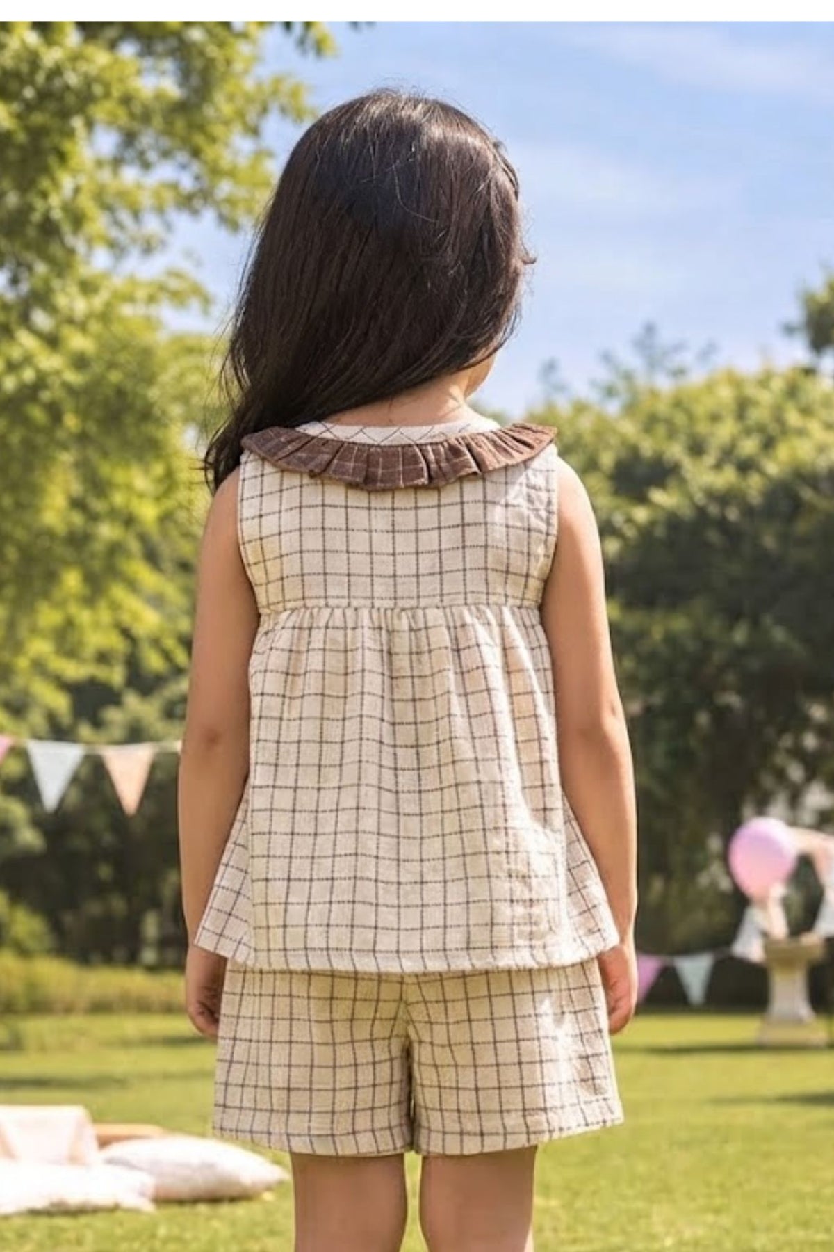 Adorable Girls Cream And Brown Checked Top & Shorts Set with Ruffle Collar