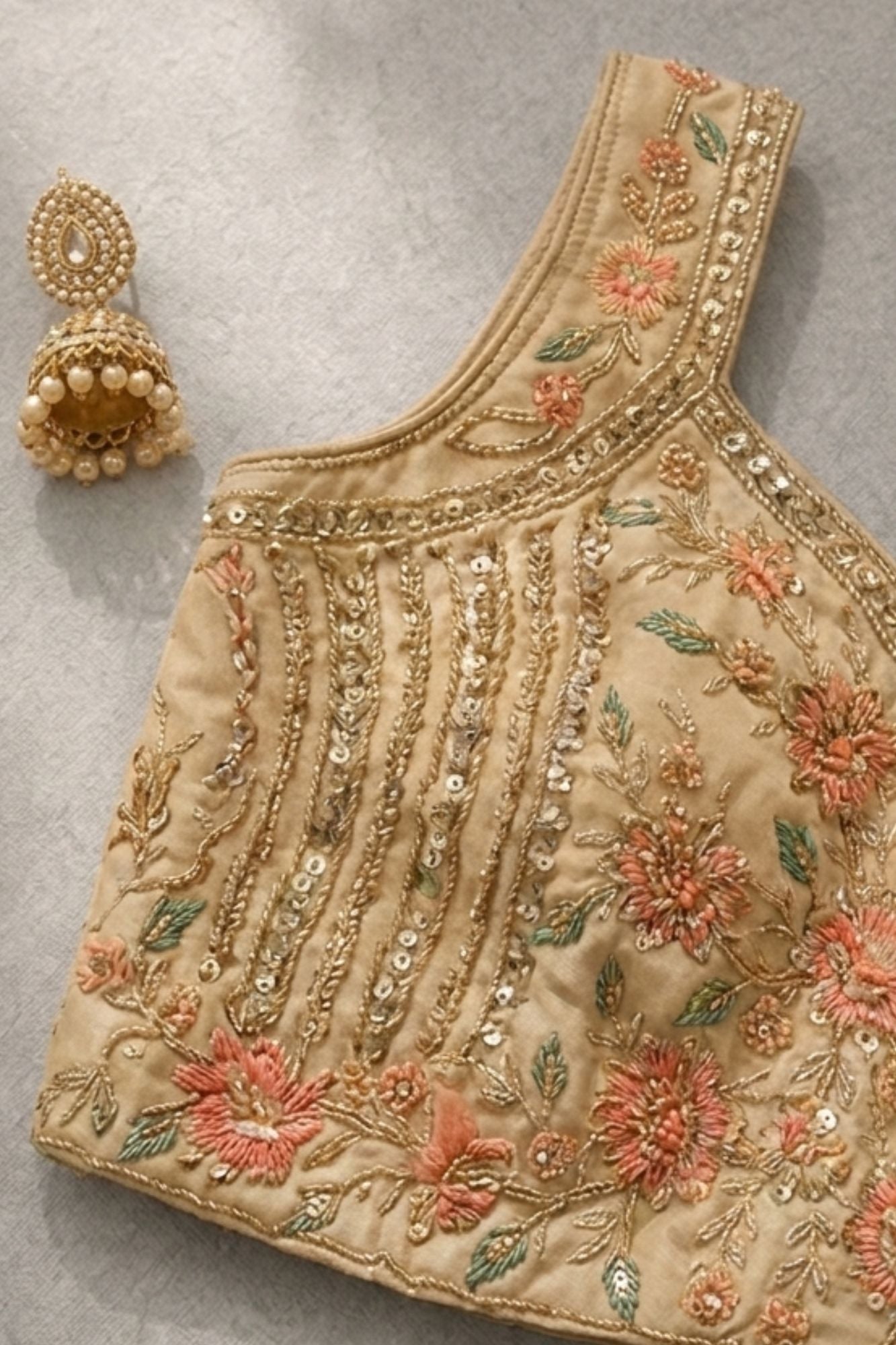 Cream Floral Embroidered Lehenga Choli Set with Dupatta For Girls