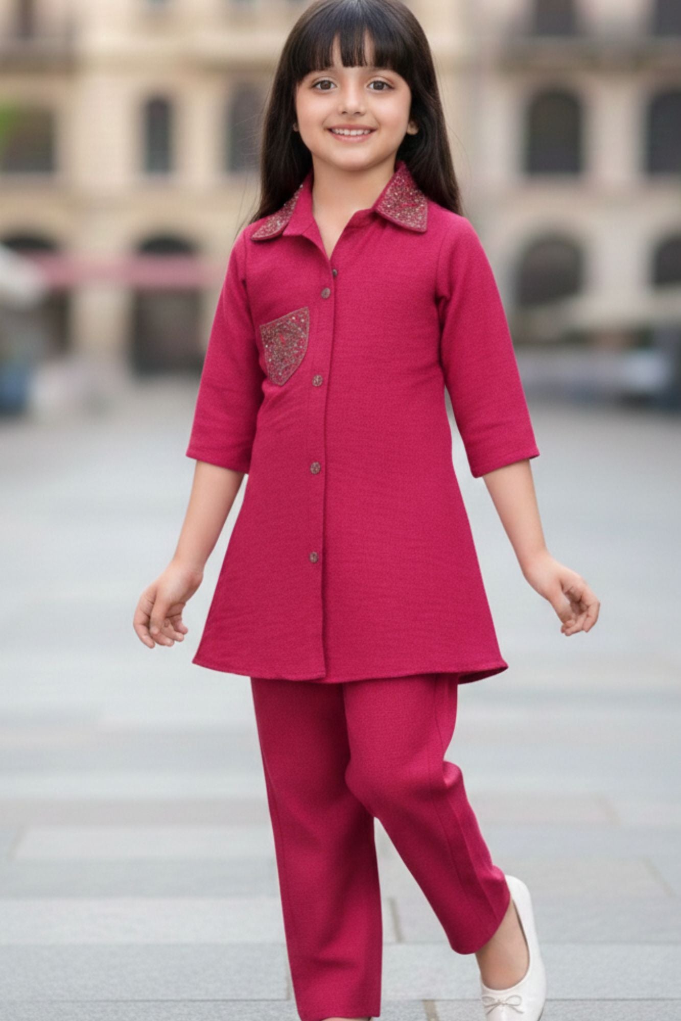 Pink Casual Top With Matching Straight Pant Set For Girls