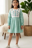 Sea Green Cotton Dress with Multicolor Floral Embroidered Yoke For Girls