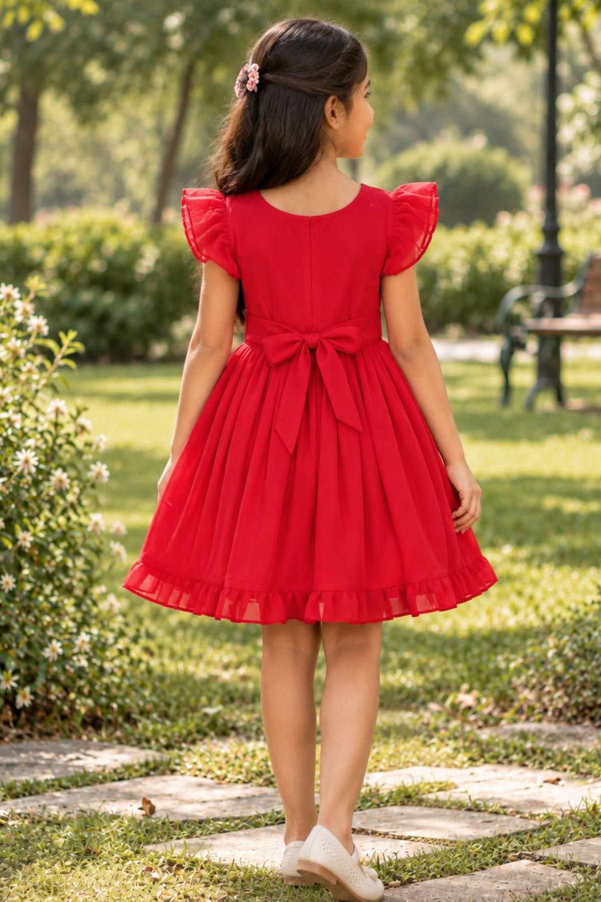 Girls Crimson Red Peacock Embroidered Ruffle Sleeve Flared Dress