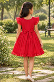 Girls Crimson Red Peacock Embroidered Ruffle Sleeve Flared Dress