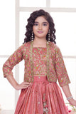 Peach Heavy Embroidered Lehenga Choli Set With Jacket for Girls