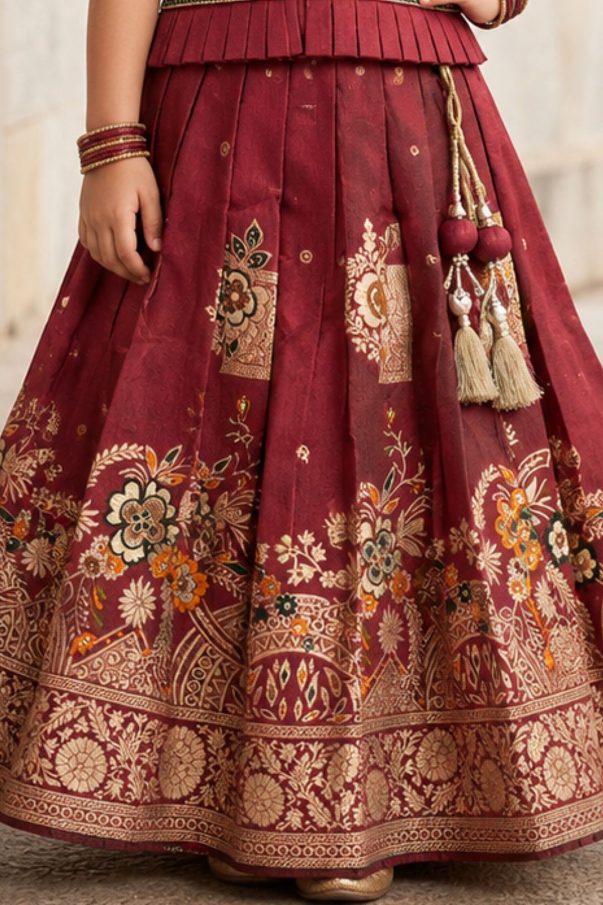 Maroon Zari Woven Pattu Pavadai Set With  Puff Sleeves For Girls