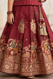 Maroon Zari Woven Pattu Pavadai Set With  Puff Sleeves For Girls