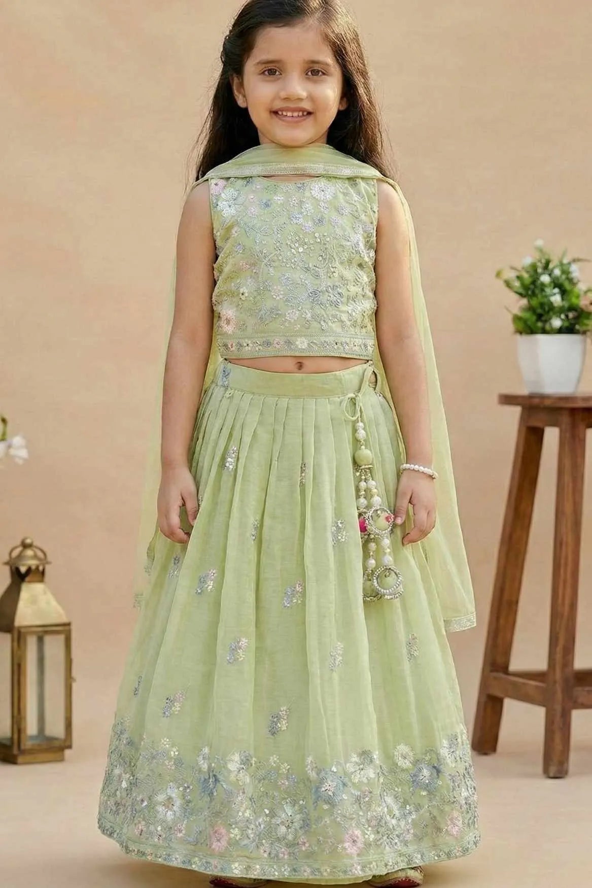 Pista Green Floral Embroidered Lehenga Choli with Dupatta For Girls