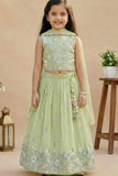 Pista Green Floral Embroidered Lehenga Choli with Dupatta For Girls