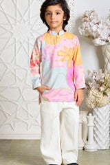 Stylish Boys Pastel Pink With Multicolor Floral Printed Kurta Set for Festive Wear