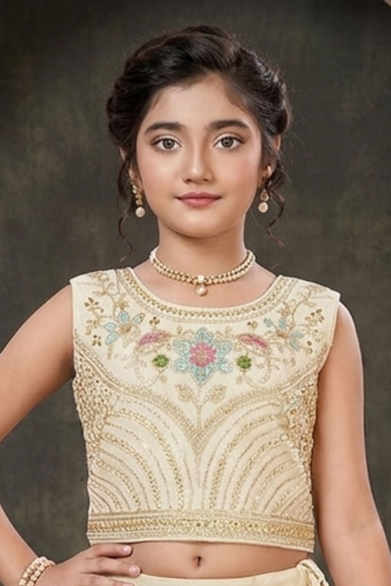 Girls Cream Embroidered Lehenga Choli with Dupatta