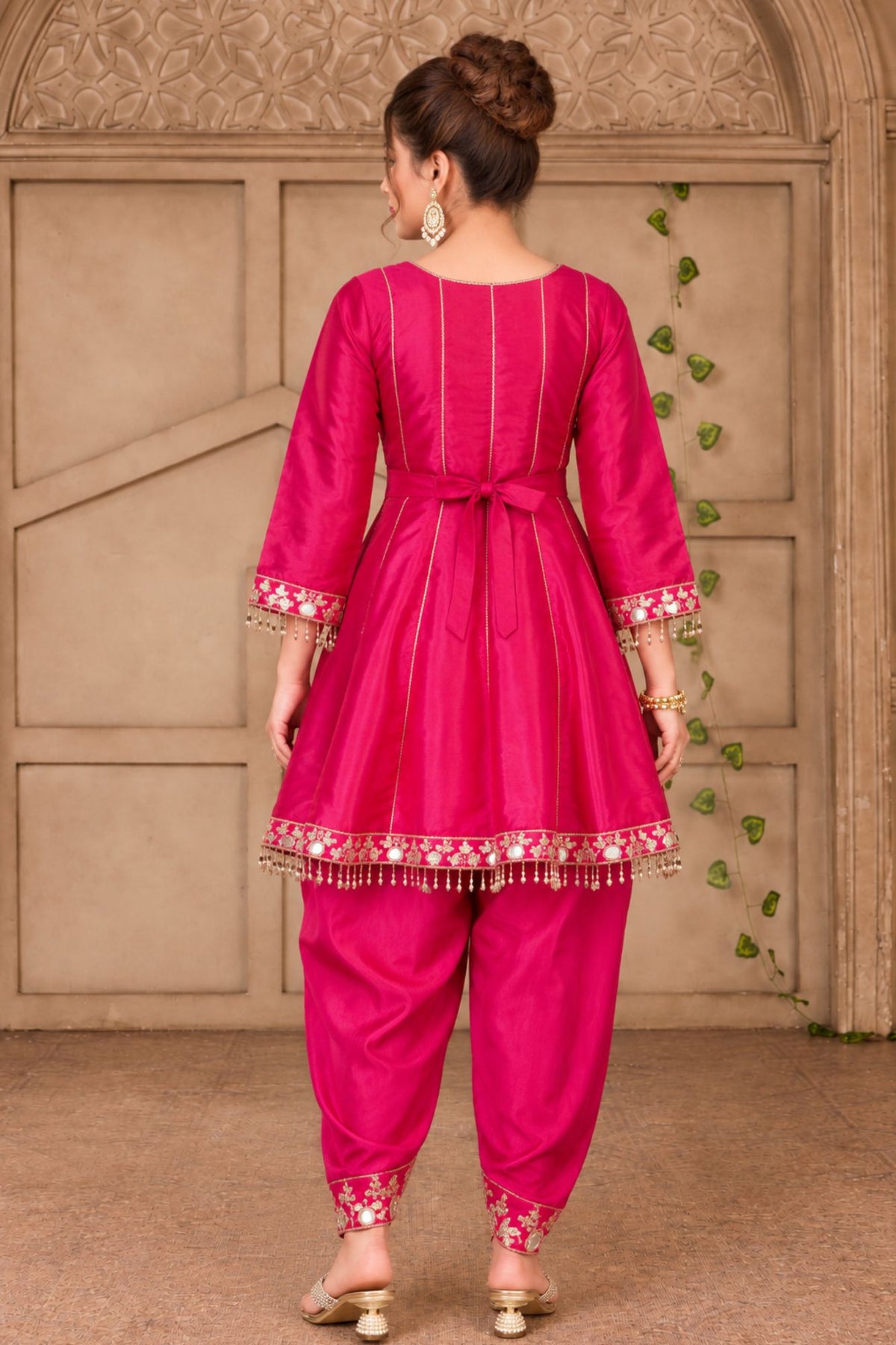 Girls Rani Pink Mirror Work Peplum Dhoti Set with Dupatta