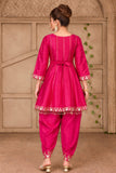 Girls Rani Pink Mirror Work Peplum Dhoti Set with Dupatta