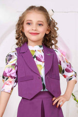Purple Waist Coat And Skirt With Floral Printed Top Set For Girls