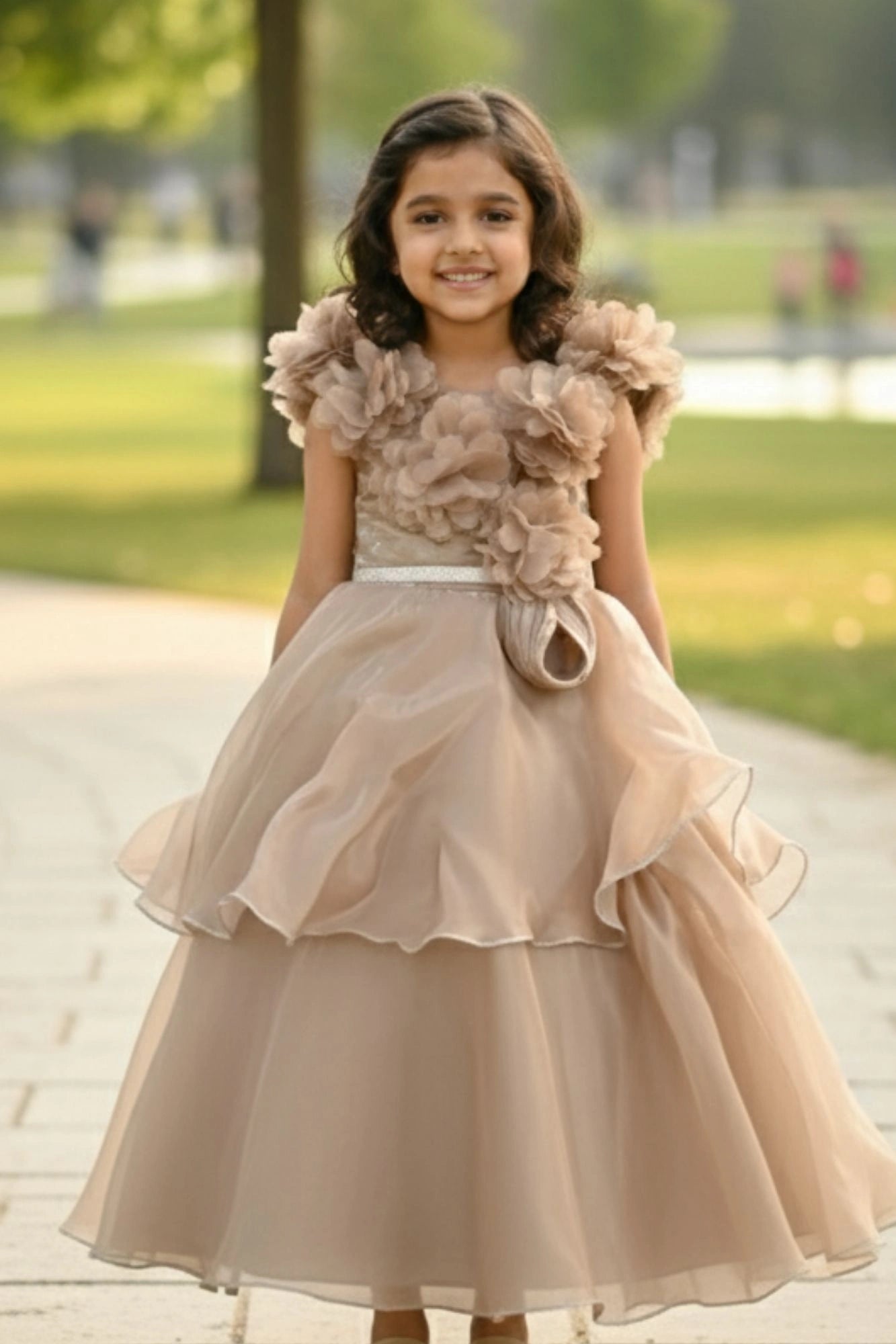 Fawn Ruffle Layered Party Gown For Girls