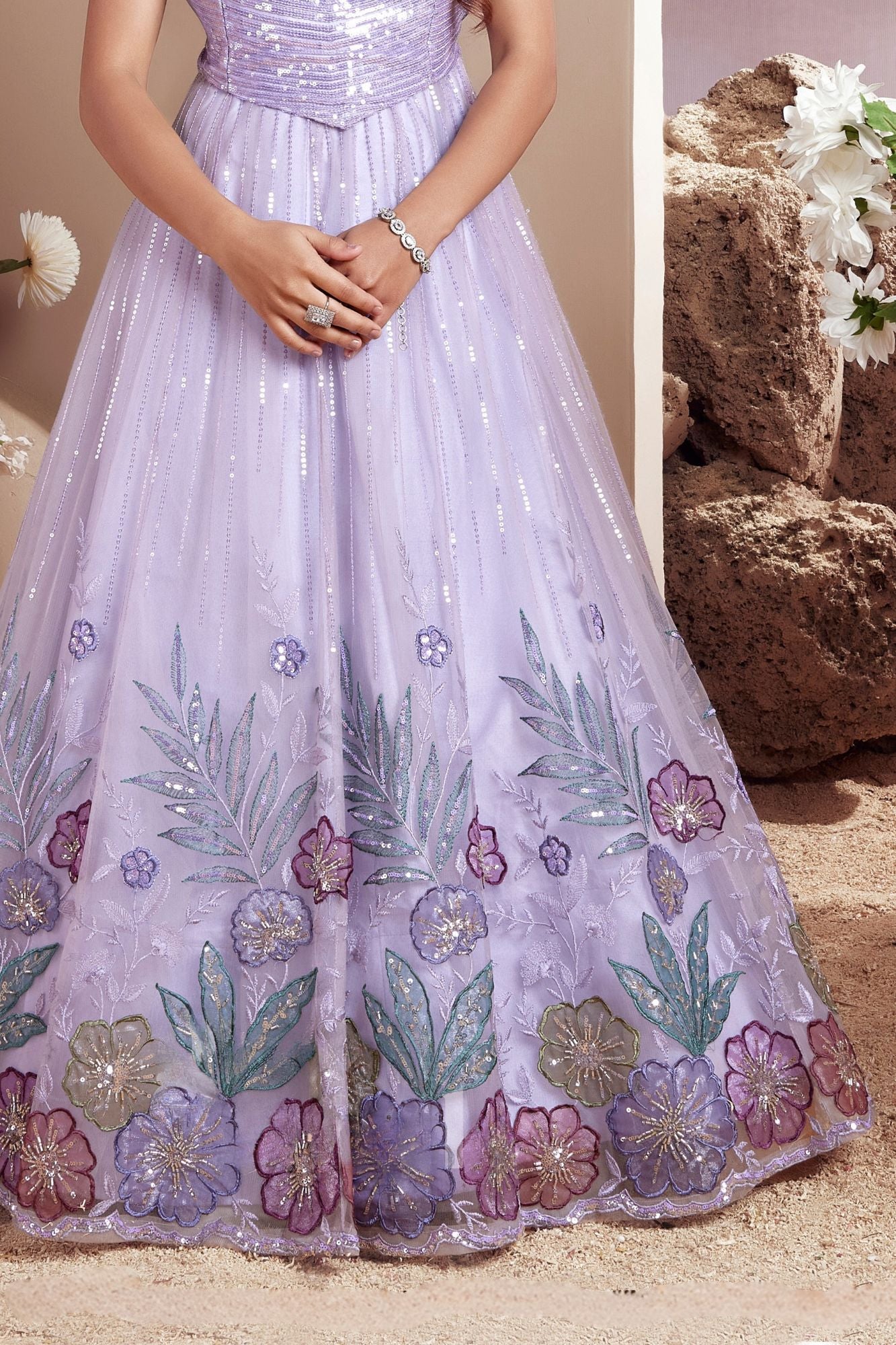 Designer Lavender Floral Embroidered Sequined Party Gown For Girls