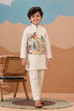 Ivory Kurta Pyjama Set with Tropical Printed Nehru Jacket For Boys