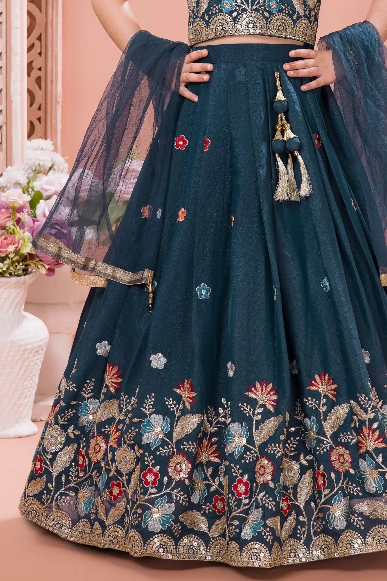 Deep Teal Blue Embroidered Lehenga Choli Set with Net Dupatta For Girls