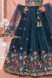 Deep Teal Blue Embroidered Lehenga Choli Set with Net Dupatta For Girls