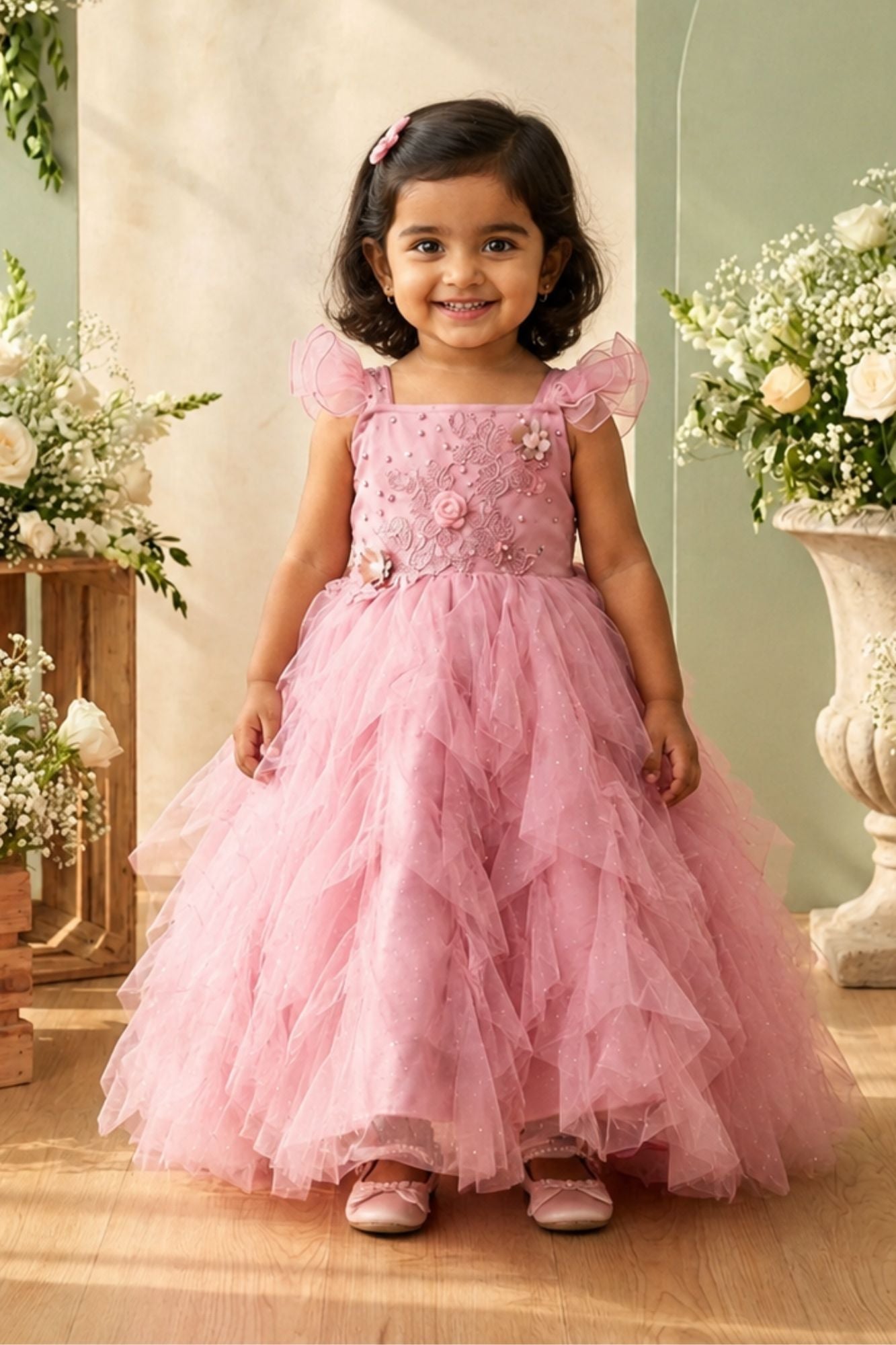 Girls Dusty Pink Floral Embellished Layered Net Party Wear Gown