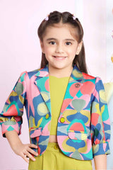 Mustard Top And Pant Set With Multicolor Printed Over Coat For Girls