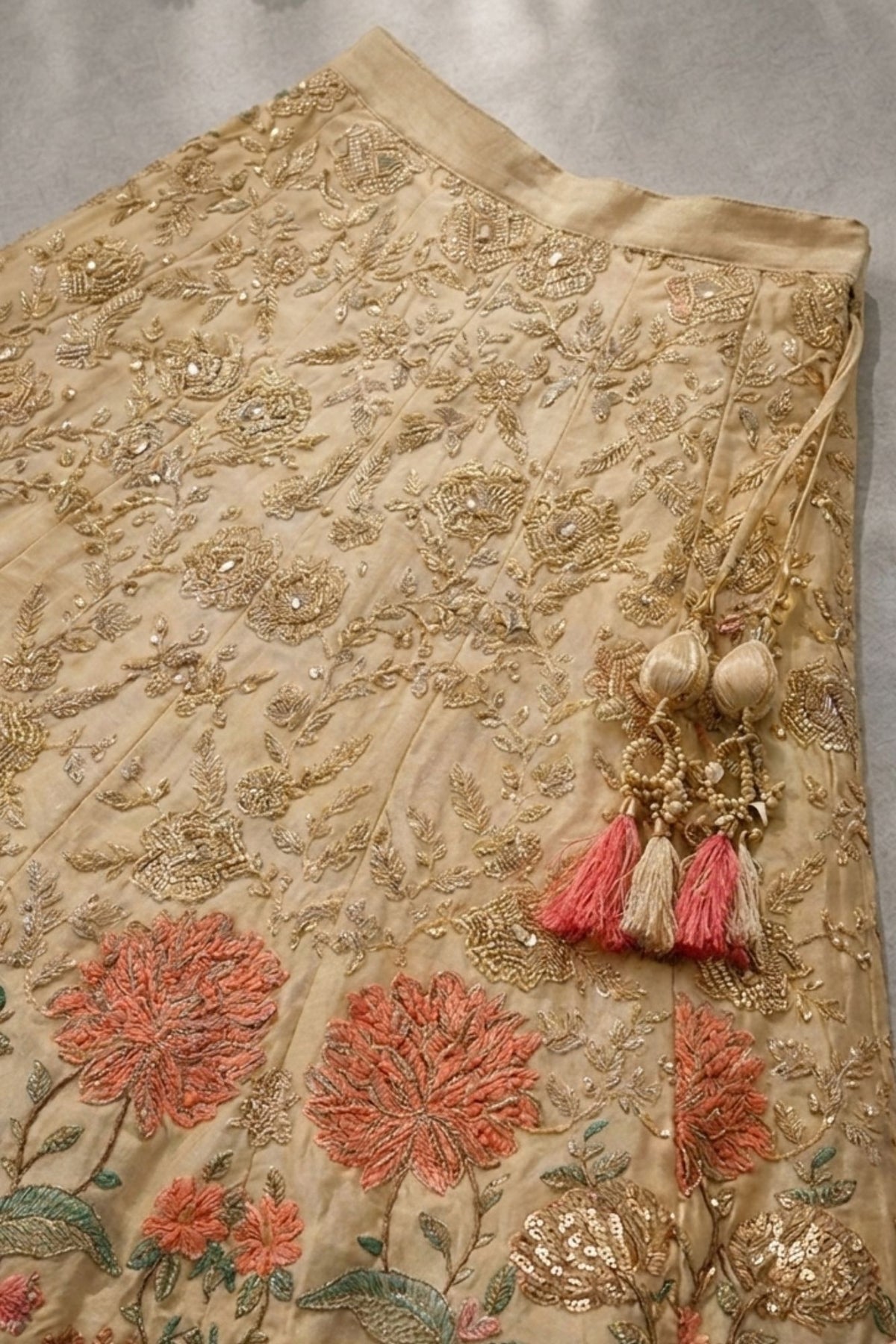 Cream Floral Embroidered Lehenga Choli Set with Dupatta For Girls