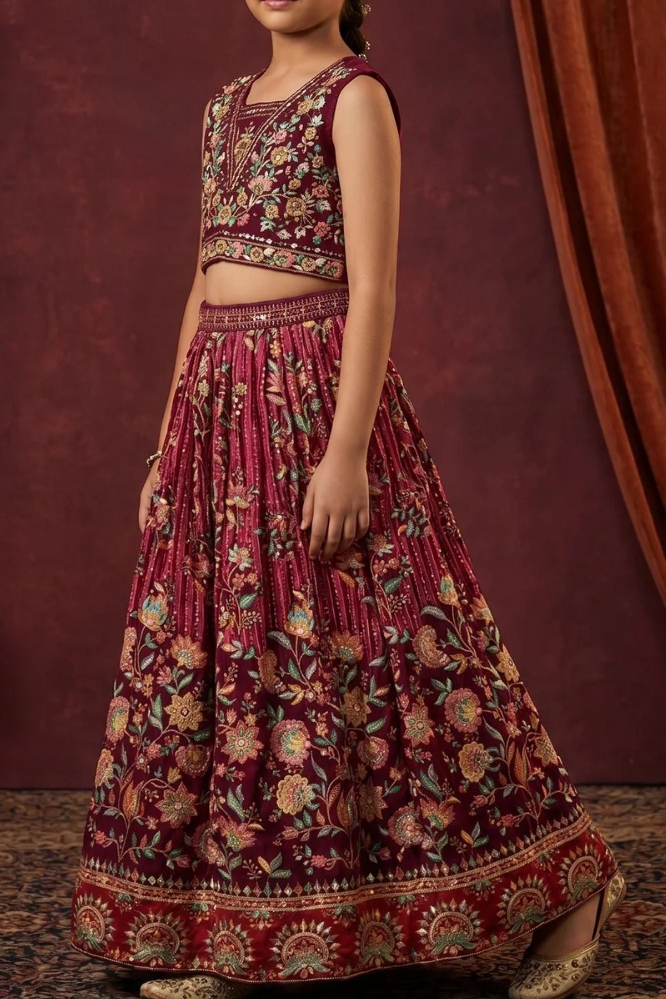 Girls Wine Floral Embroidered Lehenga Choli Set with Traditional Ethnic Detailing
