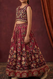 Girls Wine Floral Embroidered Lehenga Choli Set with Traditional Ethnic Detailing