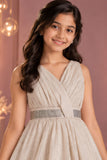 Elegant Sleeveless Cream Shimmer Party Wear Gown For Girls