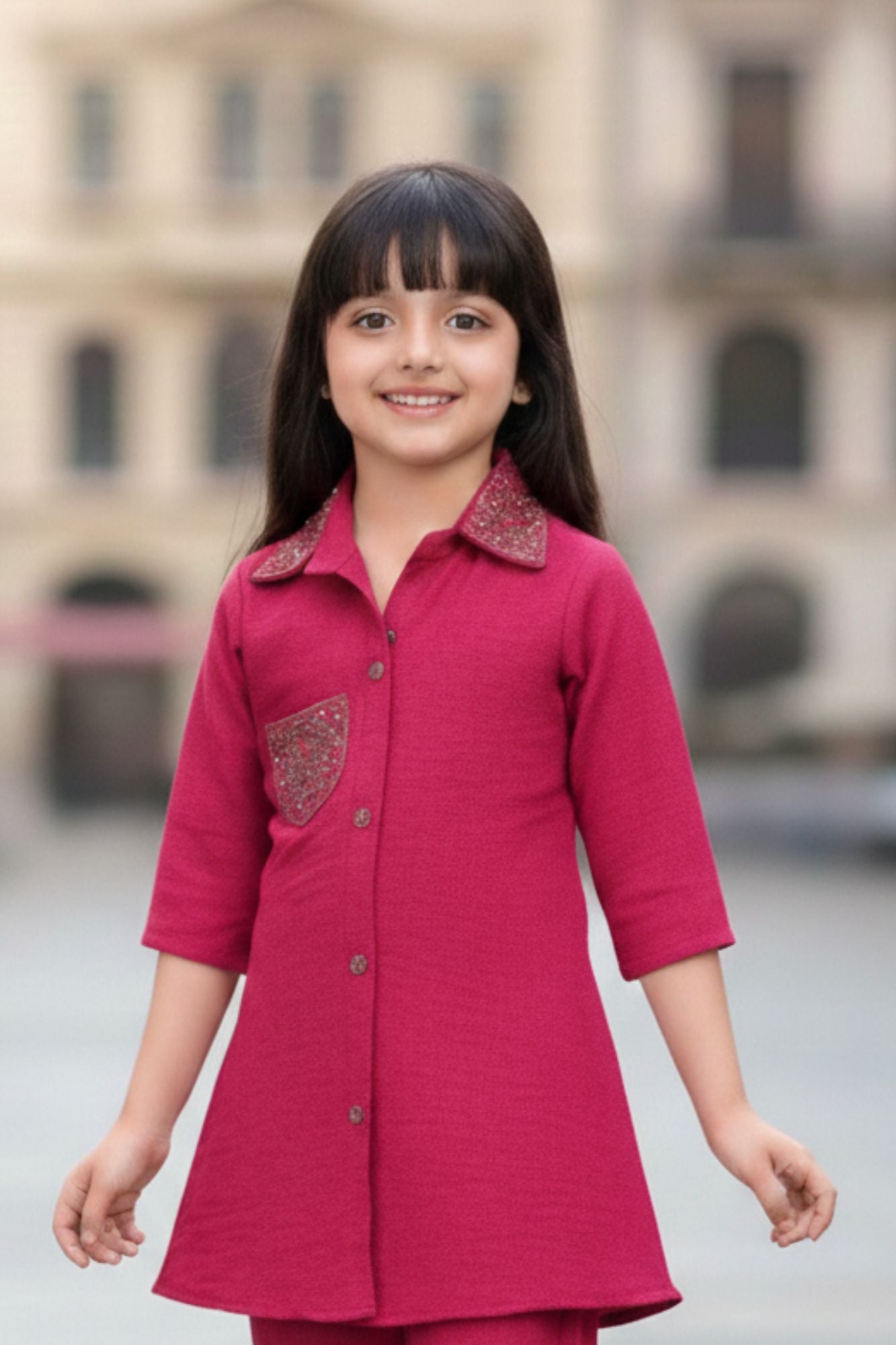 Pink Casual Top With Matching Straight Pant Set For Girls