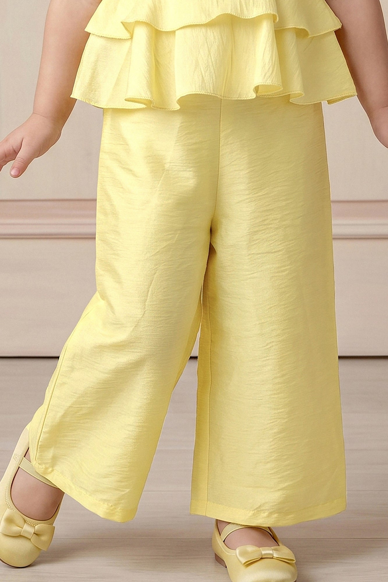 Girls Yellow Embroidered Peplum Top with Palazzo Pants Co Ord Set