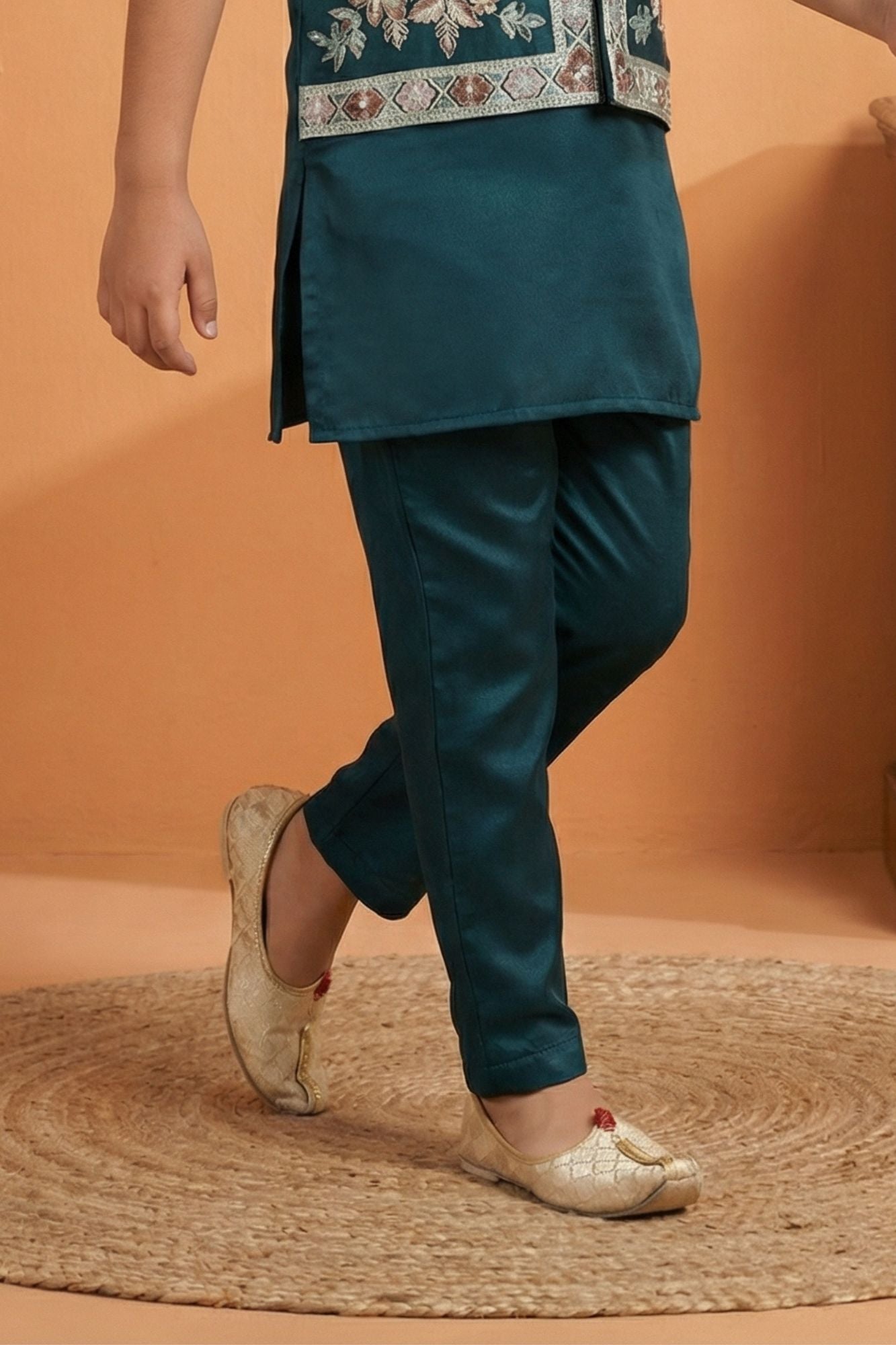 Teal Blue Embroidered Kurta Set with Nehru Jacket For Boys