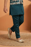 Teal Blue Embroidered Kurta Set with Nehru Jacket For Boys