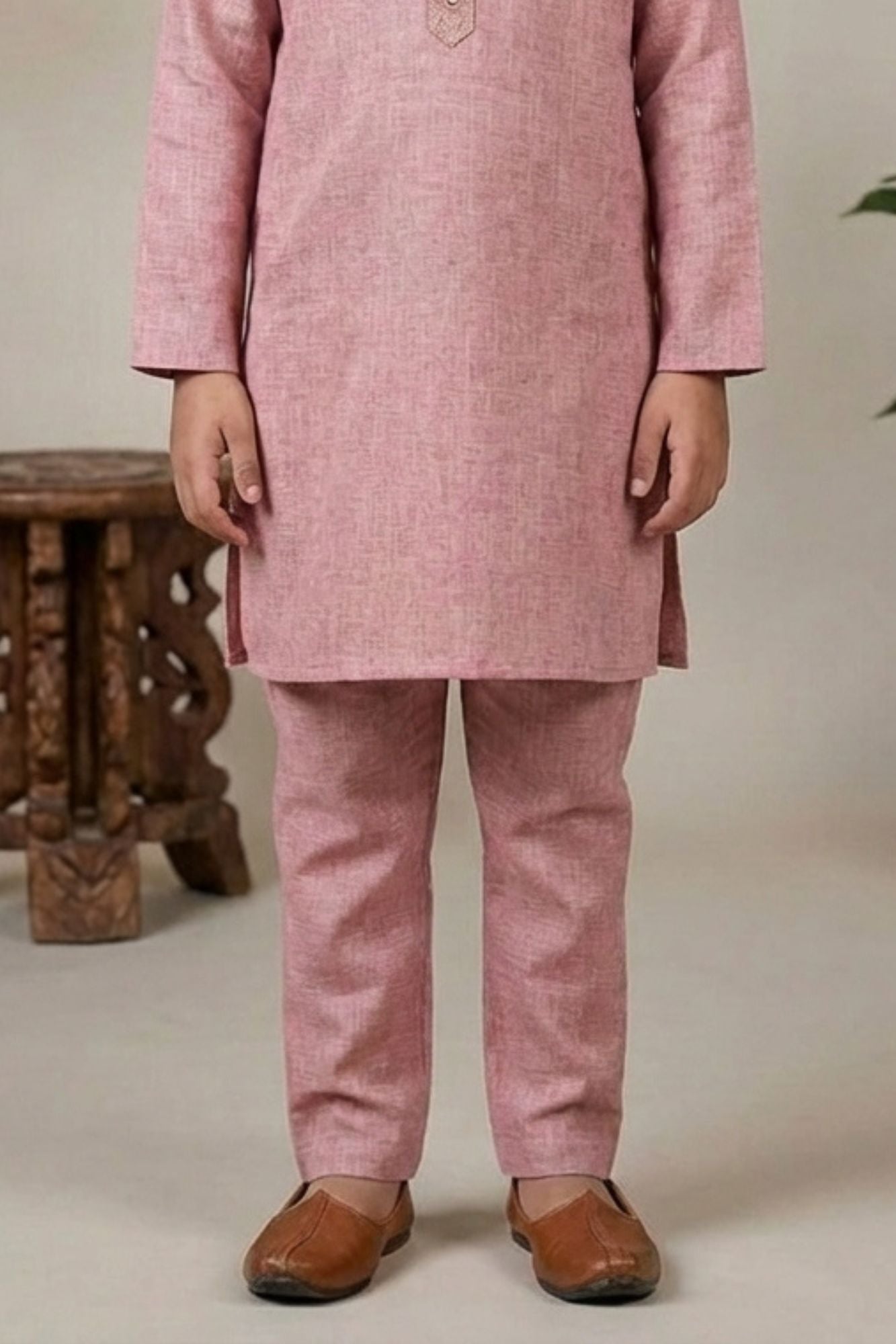 Onion Pink Embroidered Linen Kurta Set For Boys