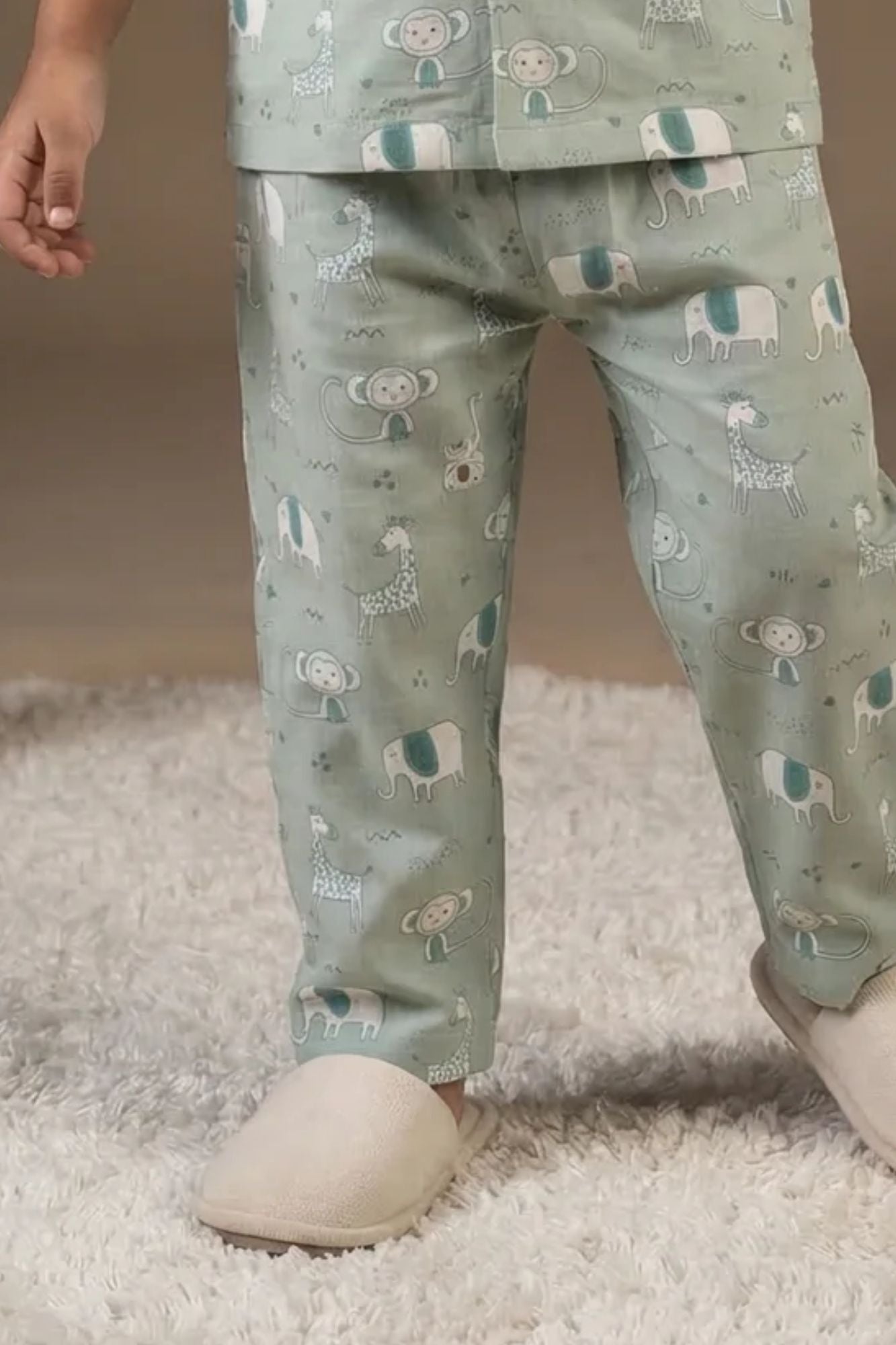 Green Animal Print Cotton Night Suit Set For Boys