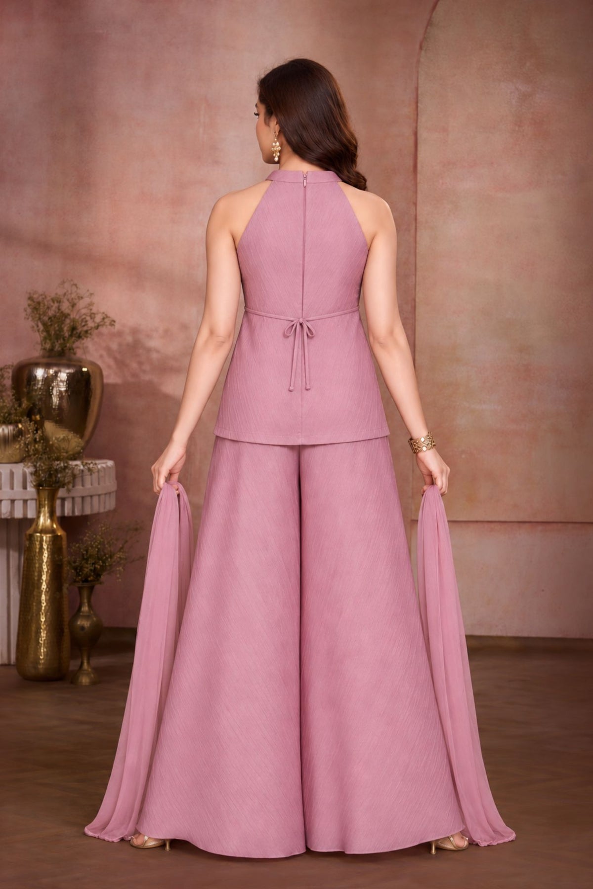 Girls Dusty Pink Vertical Chain-Like Pattern Zari Embroidered Palazzo Set