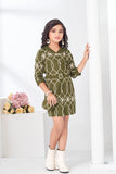 Olive Green Geometric Embroidered Bodycon Dress For Girls