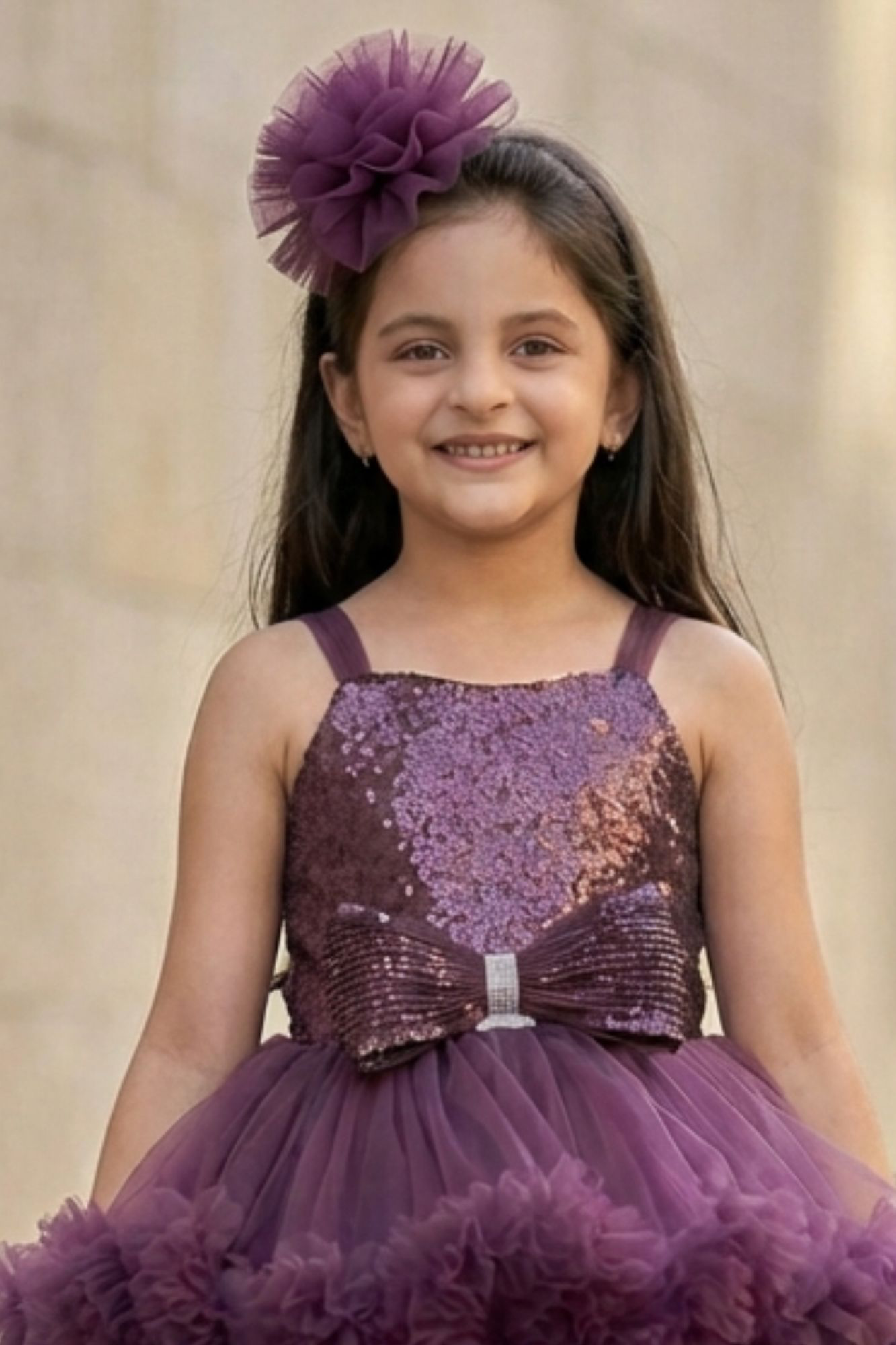 Plum Purple High-Low Party Wear Tulle Frock With Floral Embellishment For Girls