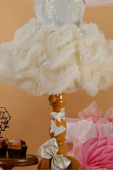 Cream Ruffled And Sequin Frock With Overcoat For Girls