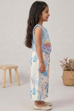 Girls Blue Floral Applique Set with Sleeveless Top And Printed Wide-Leg Pants