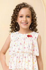 Cream Floral Printed Multi Tiered Ruffle Dress For Girls
