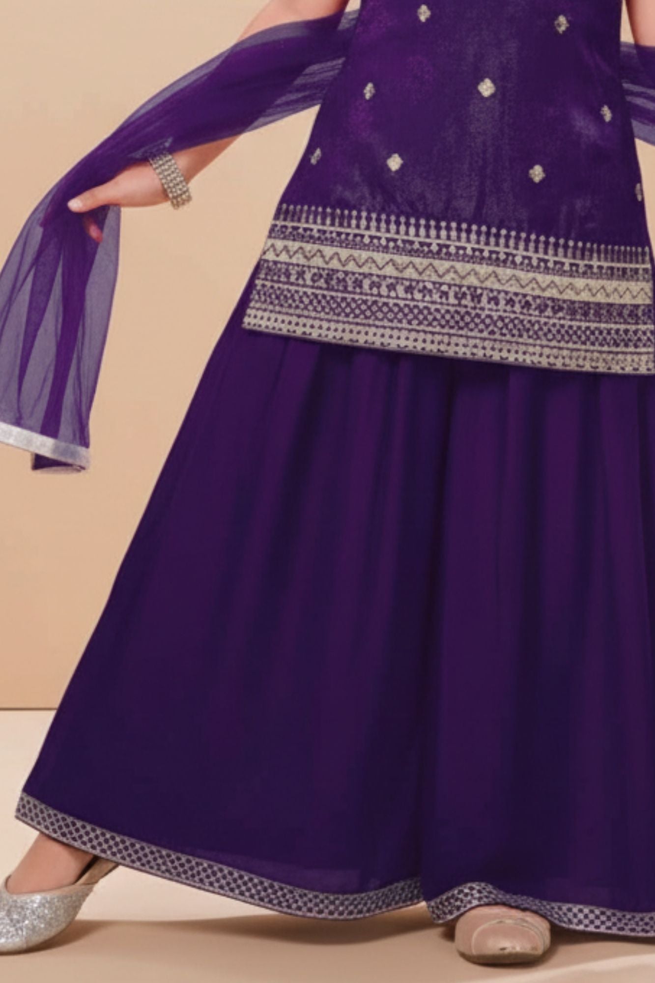 Violet Embroidered Kurti And Palazzo Set for Girls
