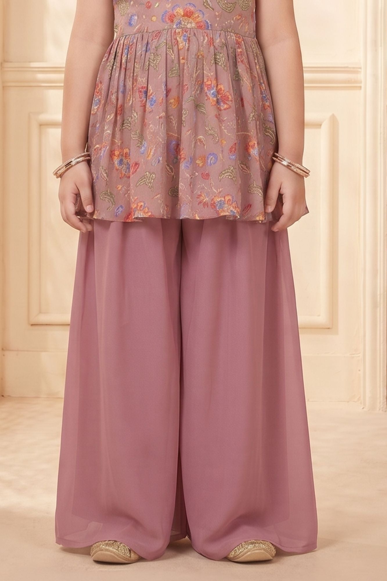Mauve Pink Floral Printed Peplum Palazzo Set For Girls