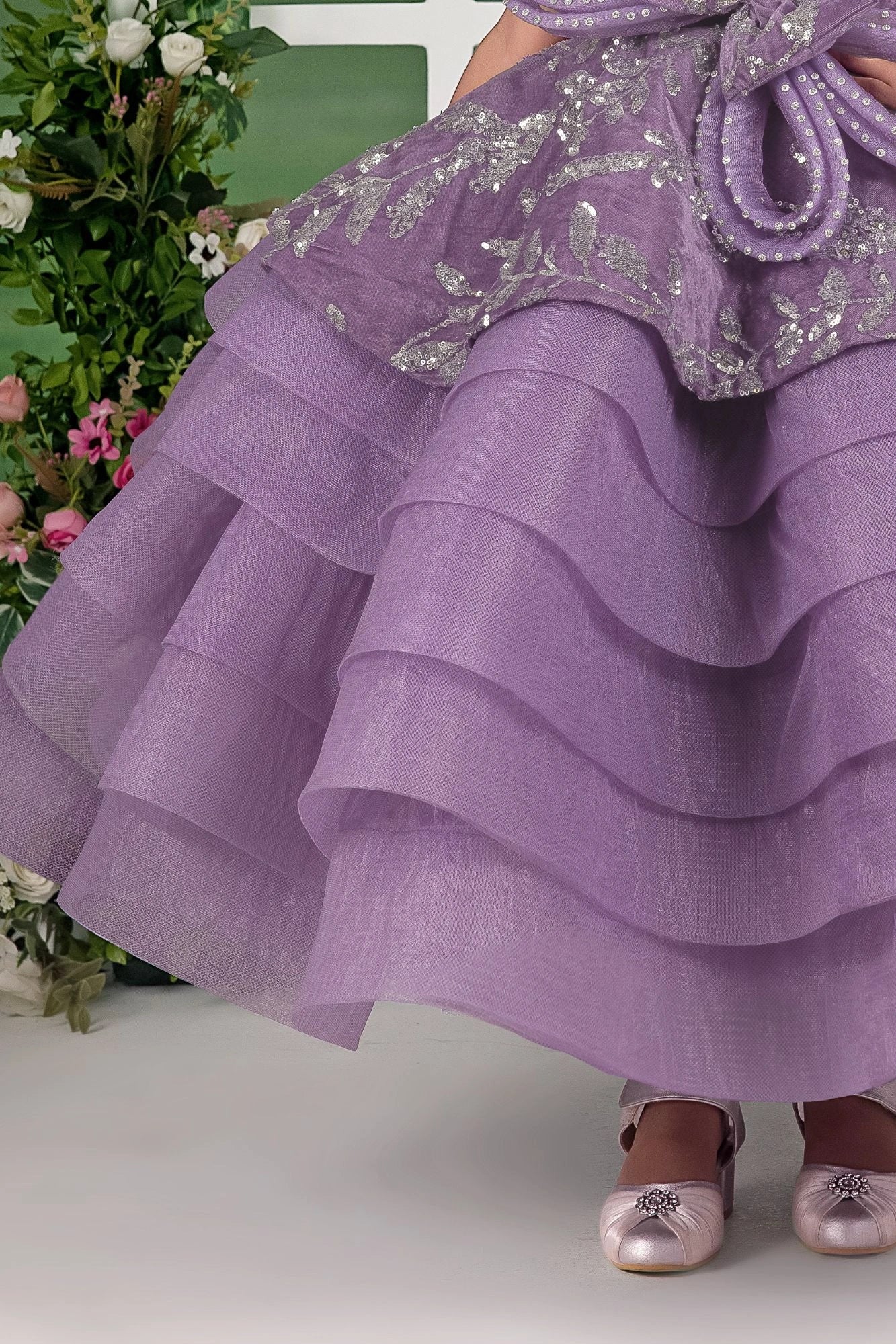 Lavender Layered Party Gown with 3D Floral Bow For Girls