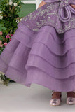 Lavender Layered Party Gown with 3D Floral Bow For Girls