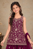 Girls Wine With Gold Zari Embroidered Palazzo Set with Dupatta