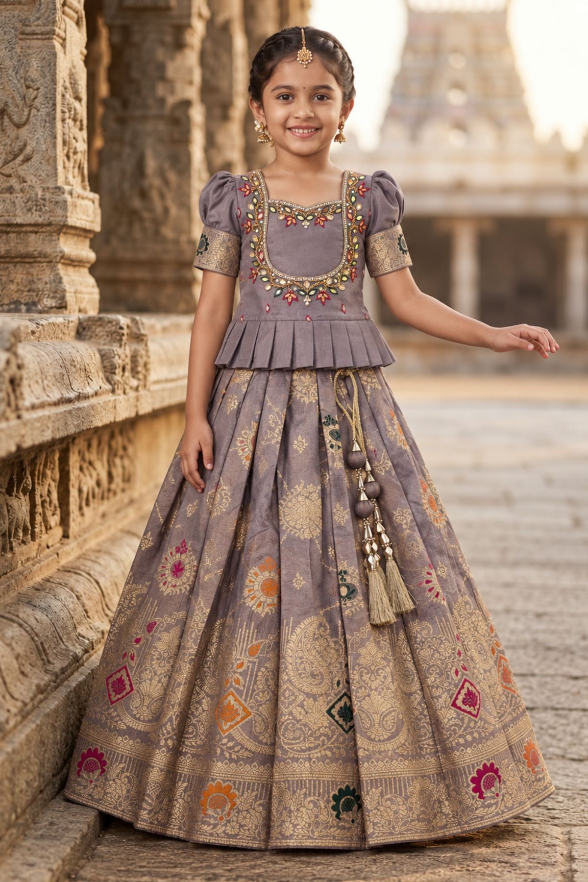 Grey Zari Woven Pattu Pavadai Set With  Puff Sleeves For Girls