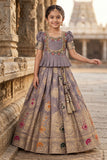Grey Zari Woven Pattu Pavadai Set With  Puff Sleeves For Girls