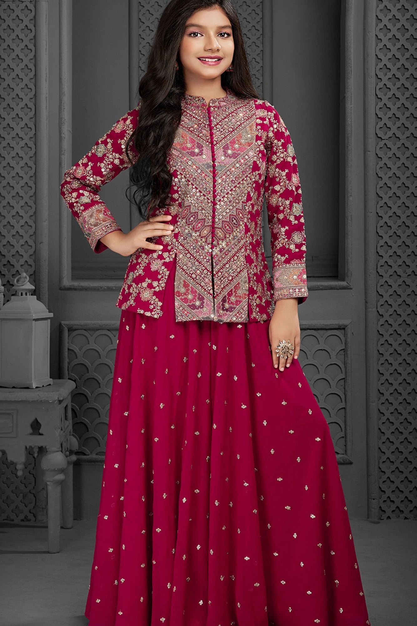 Red Embroidered Palazzo Set with Jacket for Girls