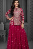 Red Embroidered Palazzo Set with Jacket for Girls