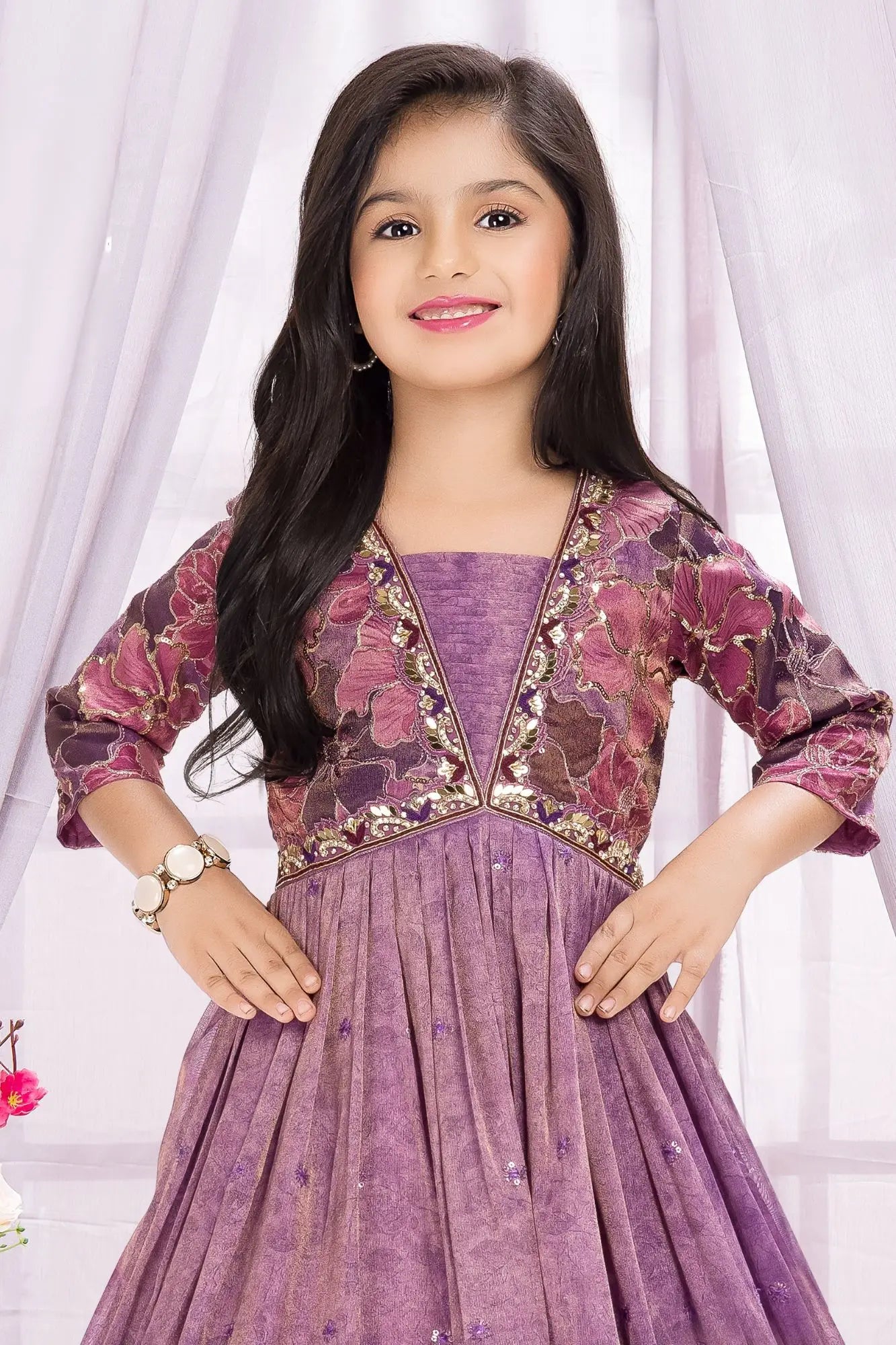 Purple Floral Embroidered Ethnic gown For Girls