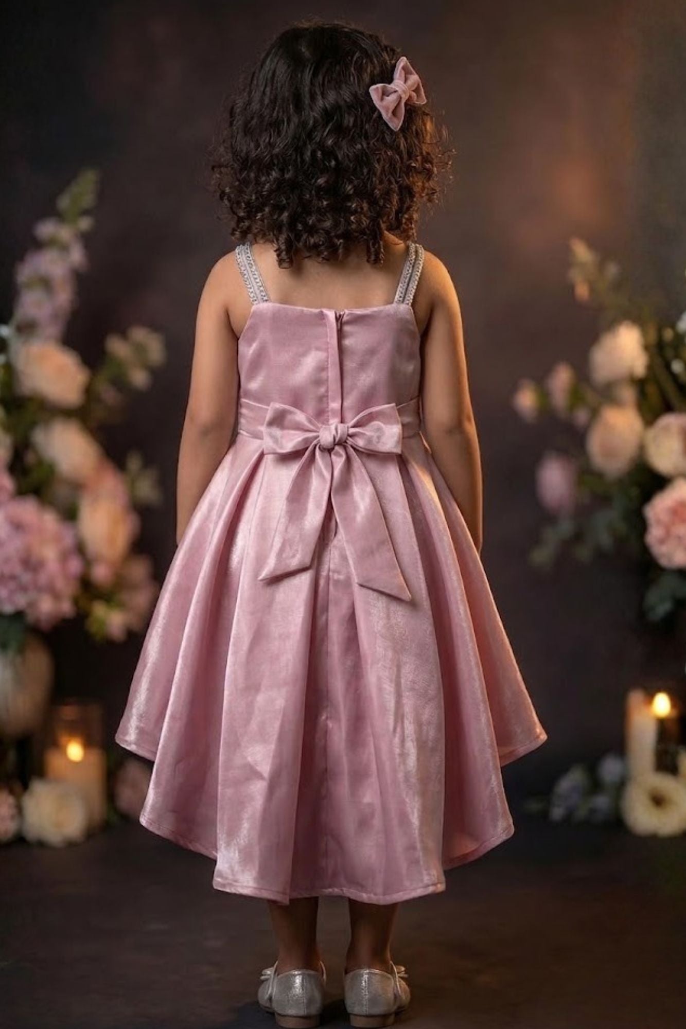 Girls Pink High Low Party Wear Frock with 3D Floral Applique